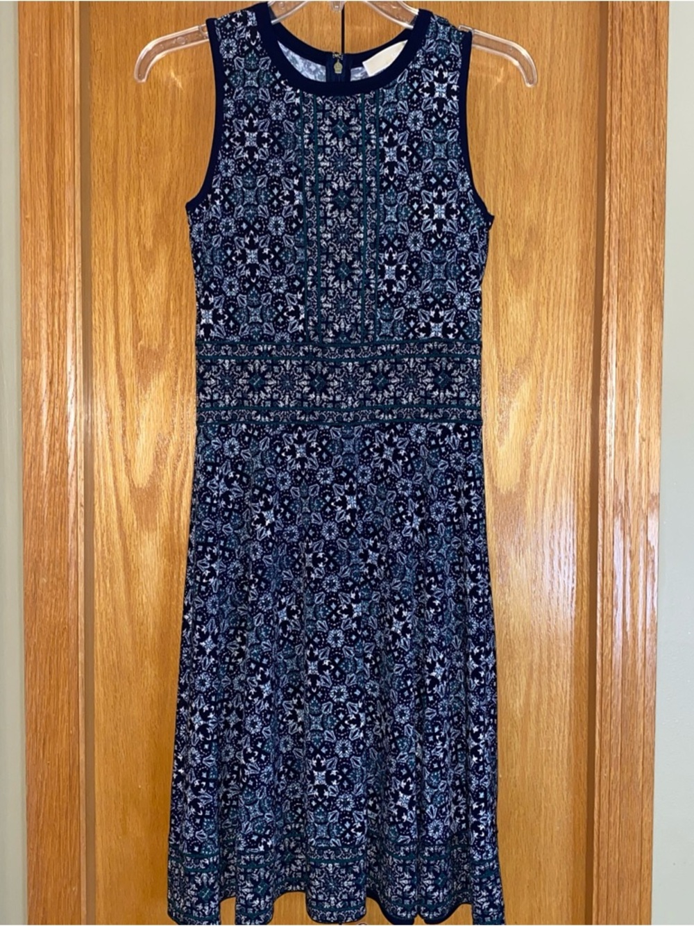 Michael Kors Sleeveless Dress Women's XS Navy Geometric Crew Neck Knee Length